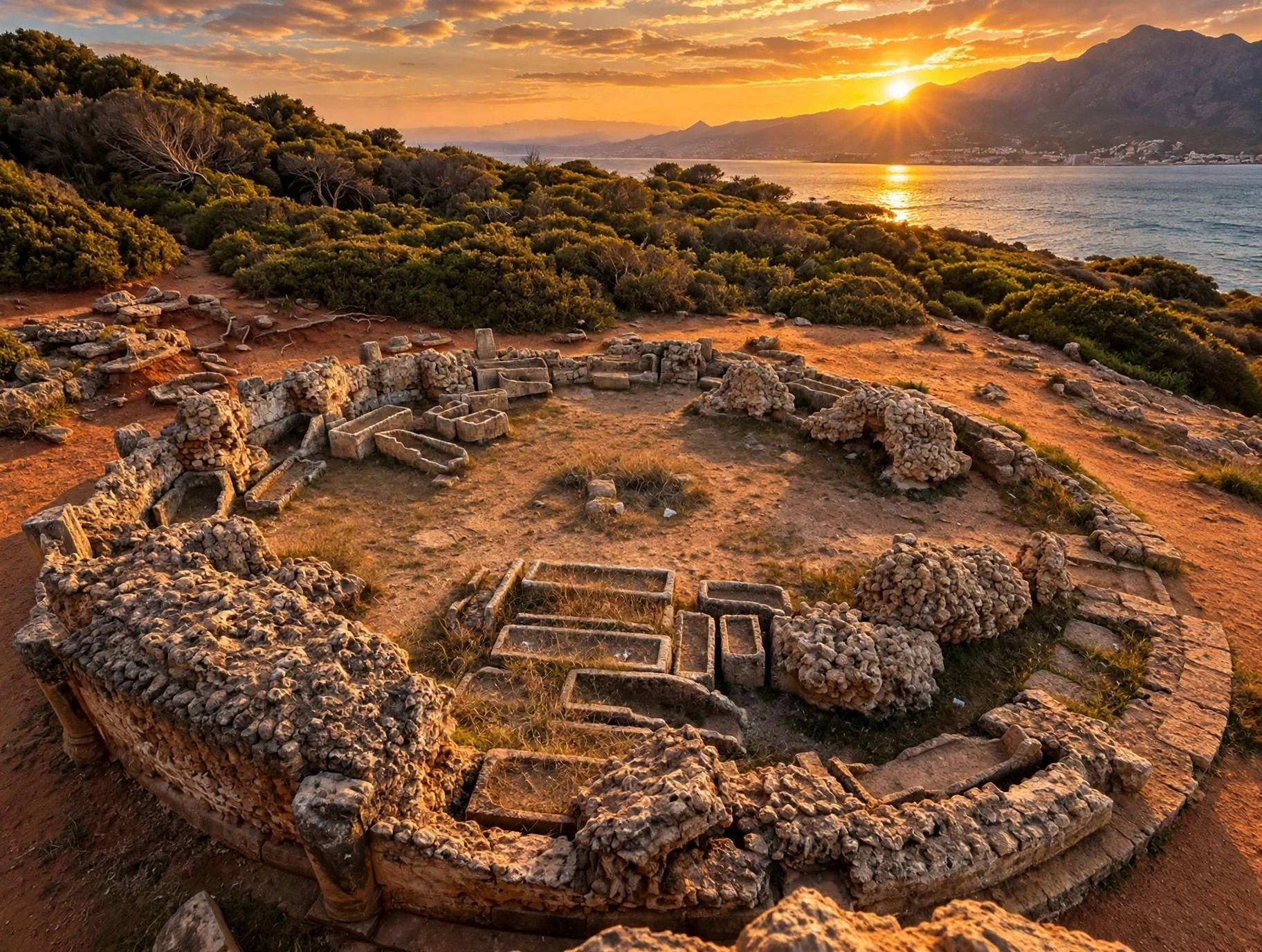 The ancient ruins of Tipaza, Algeria, at sunset — a circular stone ruin above the Mediterranean Sea, with two visitors standing inside it